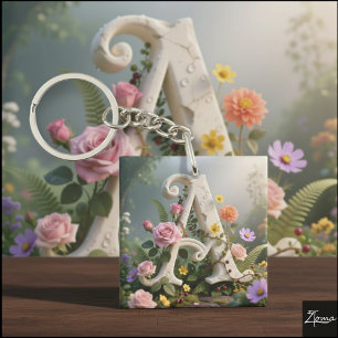 Porte-clefs Jardin Floral Blanc Monogramme Lettre A
