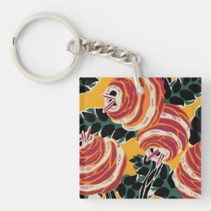 Porte-clefs Jaune Moutarde & Décor Floral Art Déco Orange