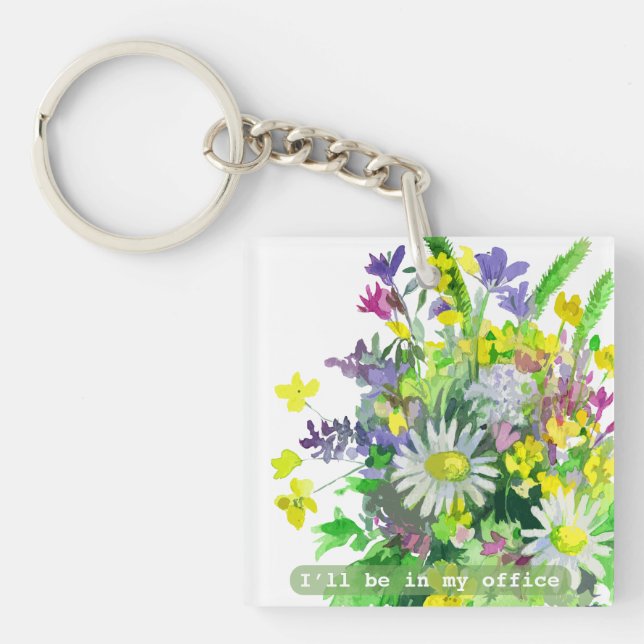 Porte-clefs Je serai dans mon bureau Fleurs aquarelle (Devant)