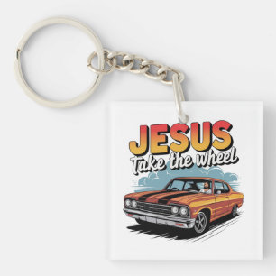 Porte-clefs Jesus Prend le Volant Voiture Musclée Vintage
