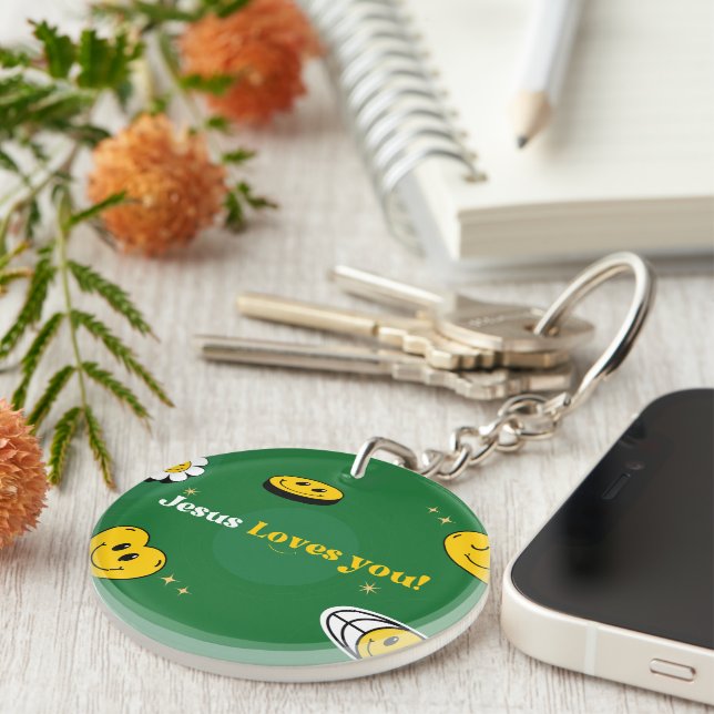 Porte-clefs "Jésus t'aime" Smiley Vert Pour Les Gens De L'Égli (Devant droit)