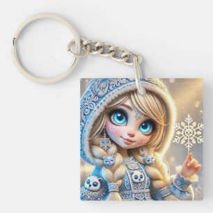 Porte-clefs Jeune fille des neiges avec flocon de neige scinti