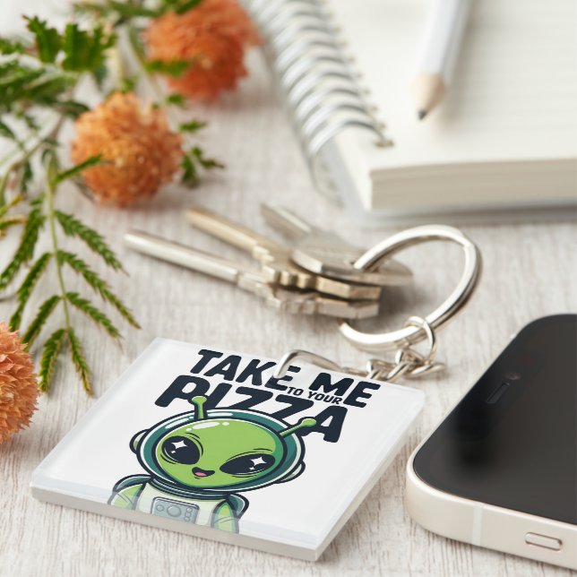 Porte-clefs Joli Alien Emmène-Moi à Ta Pizza Astronaute  (Devant Droit)