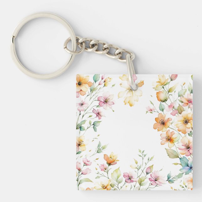 Porte-clefs Joli Boho Orange rose Aquarelle Fleurs sauvages (Devant)