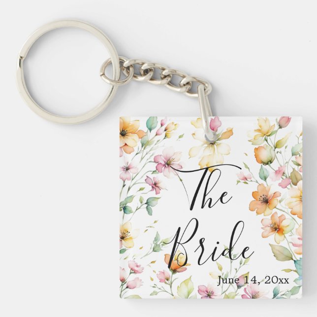 Porte-clefs Joli Boho Orange rose Aquarelle Fleurs sauvages (Devant)