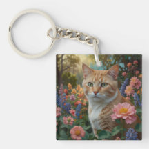 Joli chat blanc orange dans un jardin fleuri