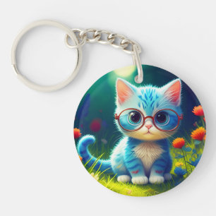 Porte-clefs Joli Chat Bleu Portant des Lunettes-47067
