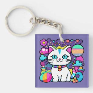 Porte-clefs Joli Chat Cosmique Blanc