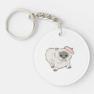 Porte-clefs Joli chat grincheux portant un béret rose, illustr