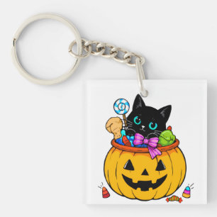 Porte-clefs Joli Chat Noir dans une Citrouille Jack-O'-Lantern