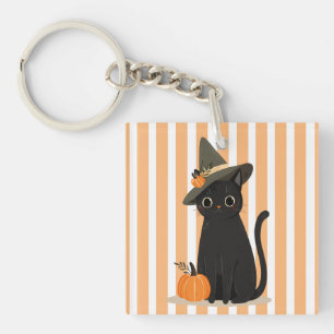 Porte-clefs Joli chat noir d'Halloween avec chapeau de sorcièr