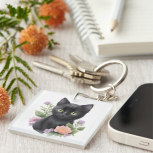 Porte-clefs Joli Chat Noir Floral Fantaisiste
