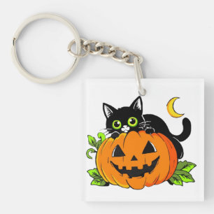 Porte-clefs Joli chat noir sur citrouille Jack-O'-Lantern Hall