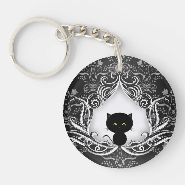 Porte-clefs Joli chat noir sur Damas (Devant)