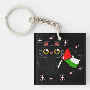 Porte-clefs joli chat noir tenant le drapeau de la Palestine