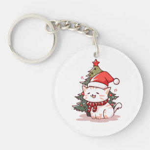 Porte-clefs Joli chat portant un chapeau de Père Noël près de