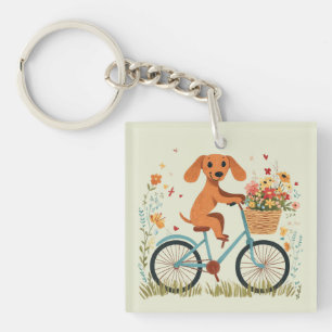 Porte-clefs Joli chien teckel à vélo Fleurs printanières
