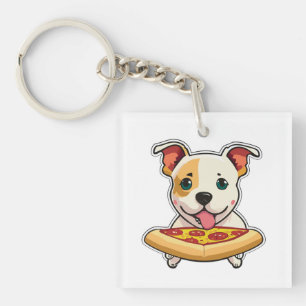 Porte-clefs Joli chiot tenant une tranche de pizza