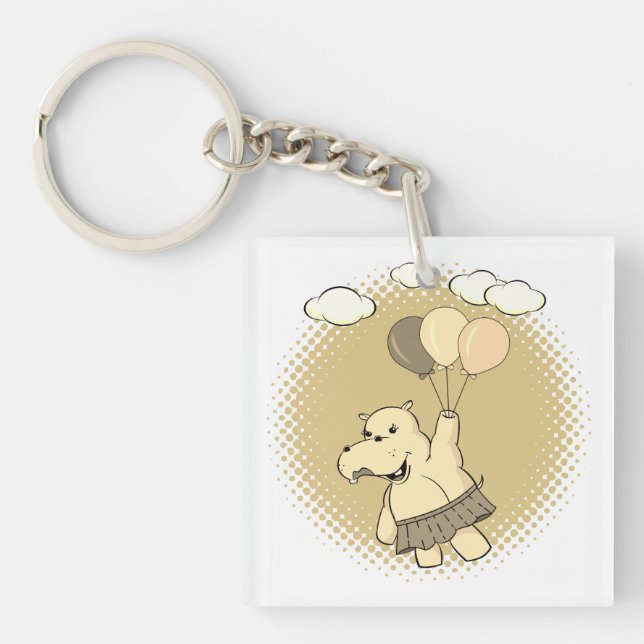 Porte-clefs Joli Dessin Hippo Volant Avec Ballons (Devant)