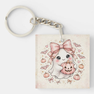 Porte-clefs Joli Fantôme à Ruban Rose Halloween Citrouille Fêt