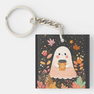 Porte-clefs Joli Fantôme d'Automne avec Café à la Citrouille –