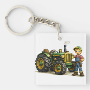 Porte-clefs Joli Garçon Fermier Avec Art De Tracteur Vert Vint