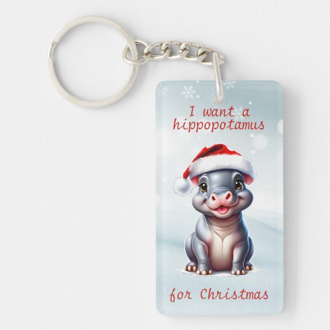 Porte-clefs Joli Hippopotame Santa Hat Snowy Noël (Devant)