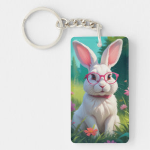 Porte-clefs Joli lapin blanc assis sur de l'herbe verte