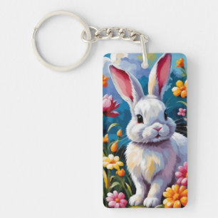 Porte-clefs Joli Lapin Blanc Entouré de Fleurs Vibrantes