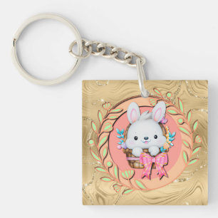 Porte-clefs Joli lapin de Pâques assis dans le panier