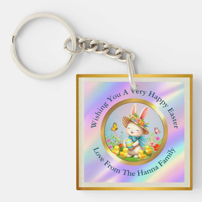 Porte-clefs Joli lapin de Pâques et joyeuses fleurs de printem (Devant)