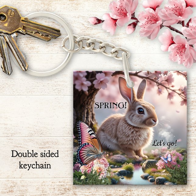 Porte-clefs Joli lapin de printemps papillon nature (Butterfly and bunny spring keychain celebrating nature with cherry blossoms)