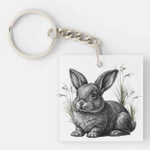 Porte-clefs Joli lapin gris parmi les herbes