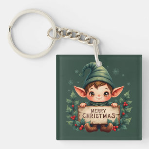 Porte-clefs Joli Lutin de Noël Tenant un Panneau Joyeux Vert