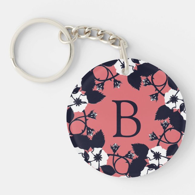 Porte-clefs Joli monogramme floral moderne rose corail (Devant)