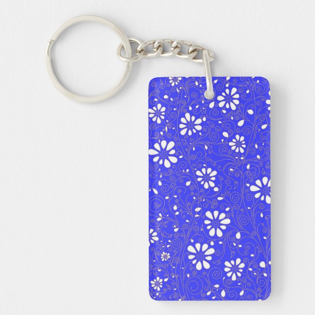 Porte-clefs Joli motif de fleurs classiques bleu blanc (Devant)