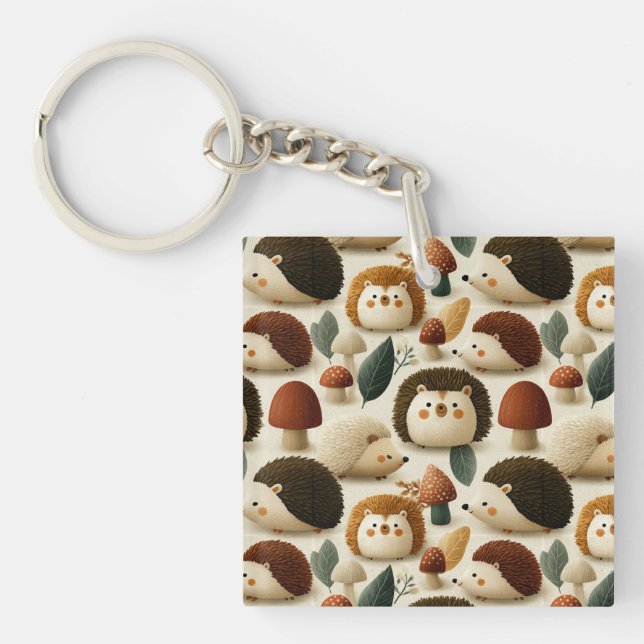Porte-clefs Joli motif de hérisson et de champignon de la forê (Devant)