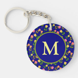 Porte-clefs Joli motif de rose bleue avec monogramme