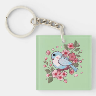 Porte-clefs Joli oiseau bleu de printemps et aquarelle de fleu