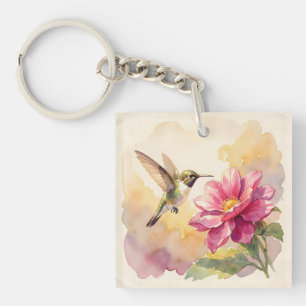 Porte-clefs Joli oiseau et fleur à l'aquarelle