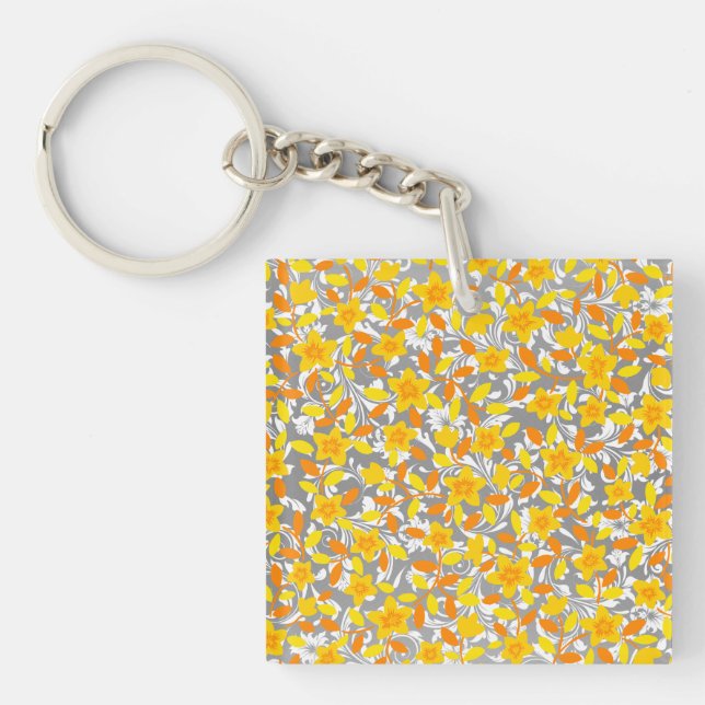 Porte-clefs Joli orange jaune fleurs blanches motif (Devant)