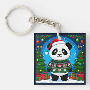 Porte-clefs Joli panda en pull de Noël portant un chapeau de P
