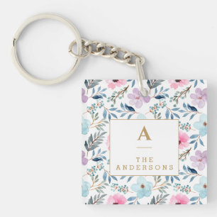 Porte-clefs Joli Pastel Blue Aquarelle Fleurs Monogramme