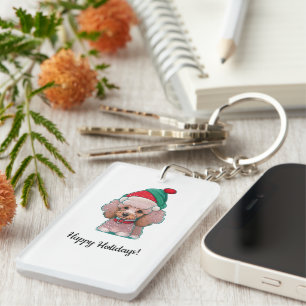 Porte-clefs Joli petit caniche avec un chapeau de Noël