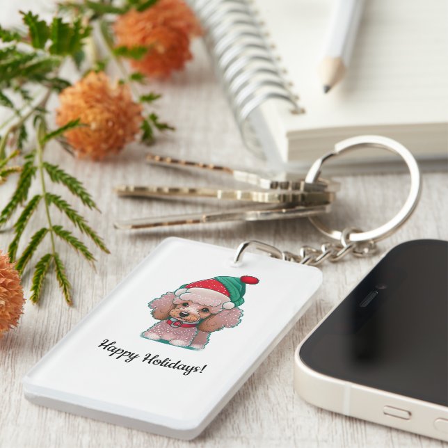 Porte-clefs Joli petit caniche avec un chapeau de Noël (Devant droit)