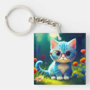 Porte-clefs Joli petit chaton bleu portant des lunettes-47067