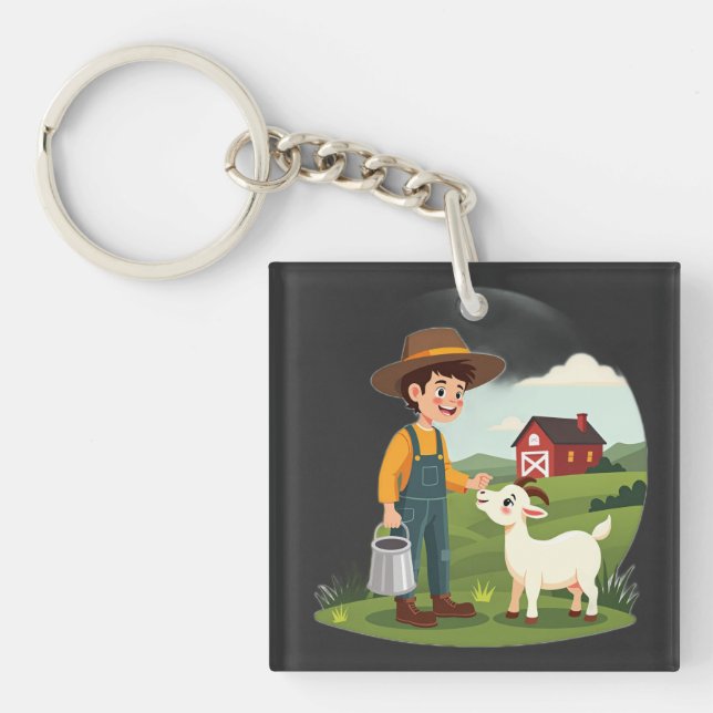 Porte-clefs Joli petit garçon fermier chèvre (Devant)