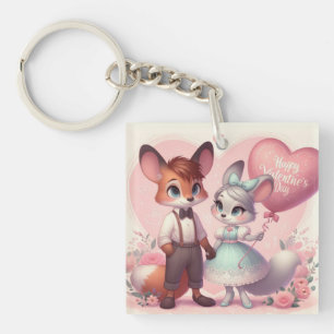 Porte-clefs Joli renard de caricature Saint Valentin