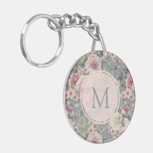 Porte-clefs Joli rose floral et perles Monogramme fille