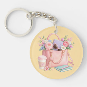 Porte-clefs Joli sac à main floral rose avec fond jaune